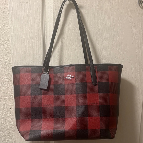 Coach Buffalo Check Red and Black Tote - Picture 1 of 7